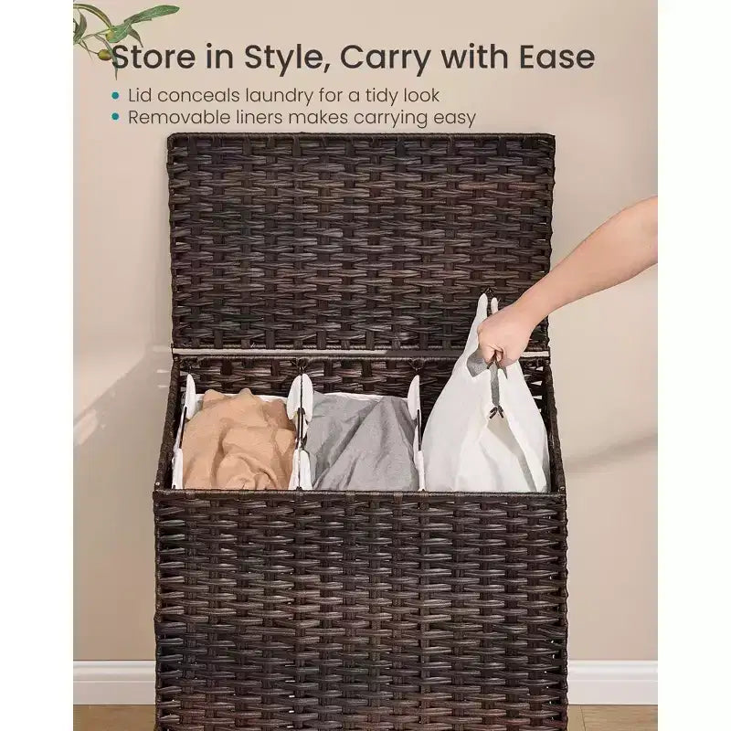 Laundry Hamper with Lid, PE Rattan 3-Section Sorter, 42.2 Gallons, Removable Liners