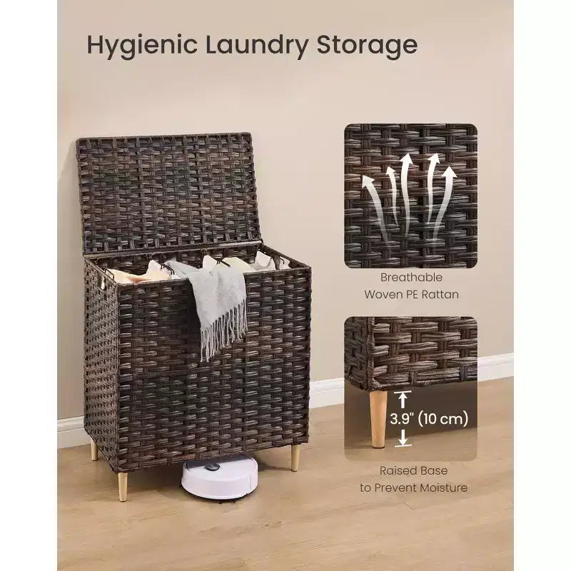 Laundry Hamper with Lid, PE Rattan 3-Section Sorter, 42.2 Gallons, Removable Liners