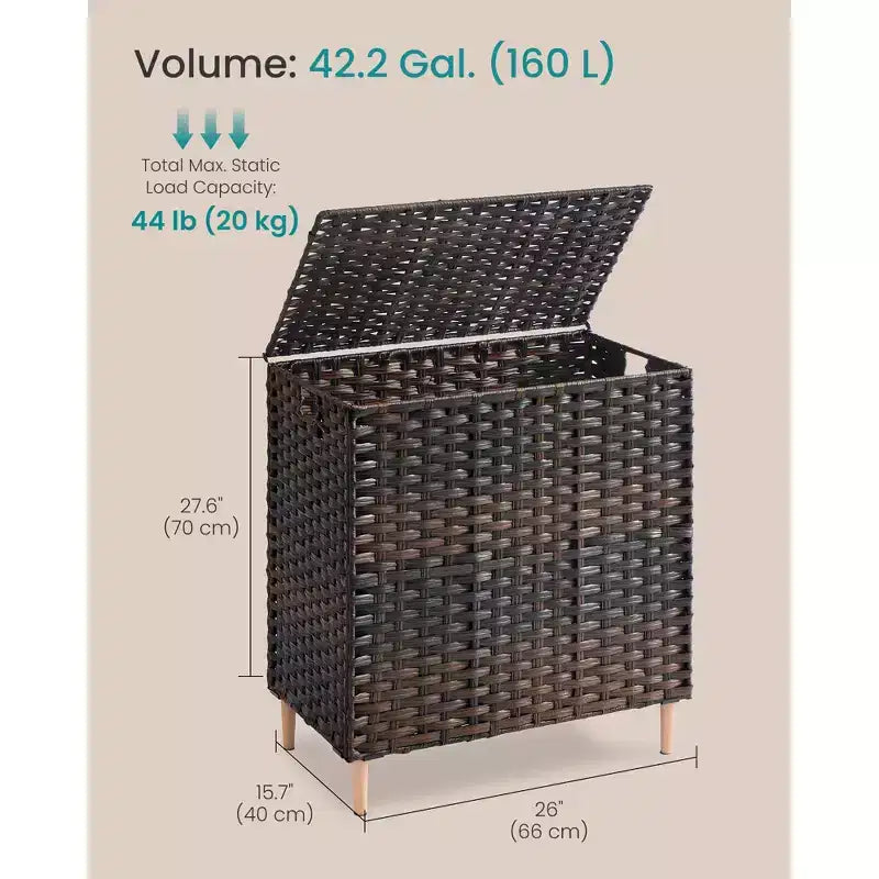 Laundry Hamper with Lid, PE Rattan 3-Section Sorter, 42.2 Gallons, Removable Liners