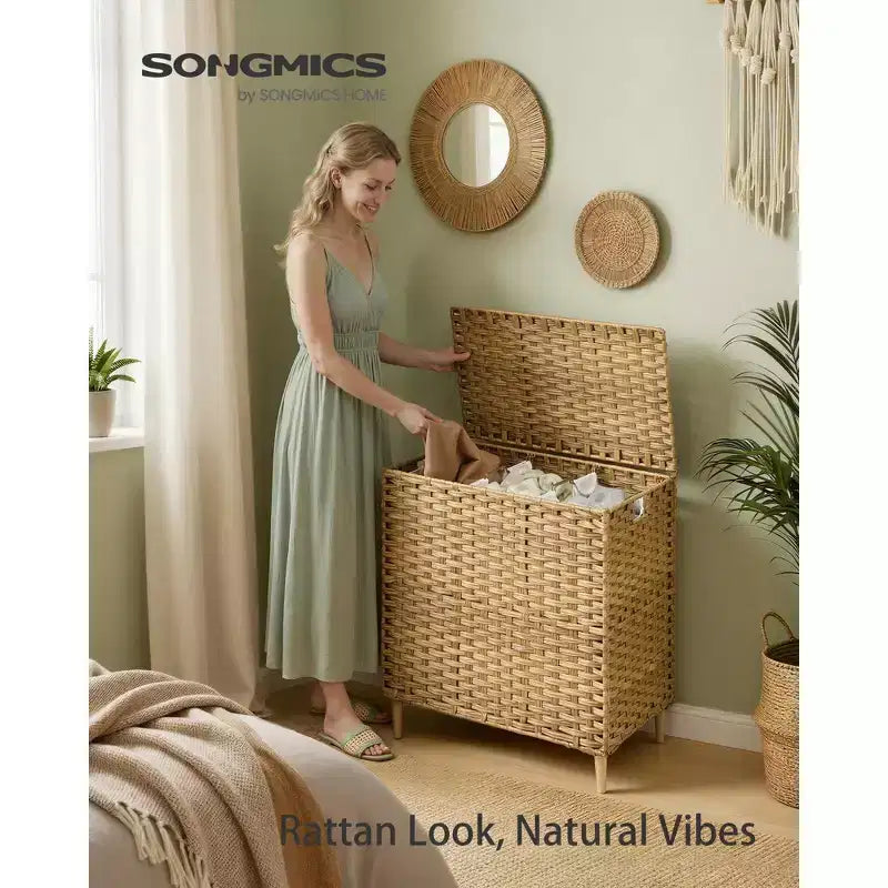 Laundry Hamper with Lid, PE Rattan 3-Section Sorter, 42.2 Gallons, Removable Liners