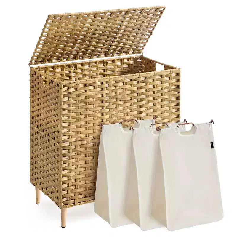 Laundry Hamper with Lid, PE Rattan 3-Section Sorter, 42.2 Gallons, Removable Liners