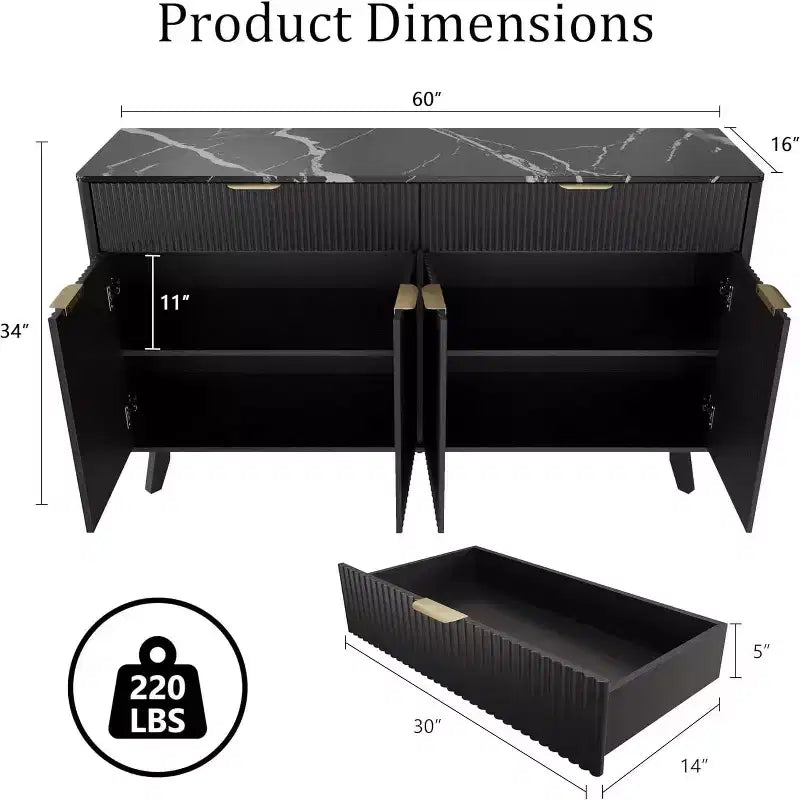 60" Buffet Storage Cabinet with 2 Drawers, 4 Doors & Adjustable Shelves, Black Wave
