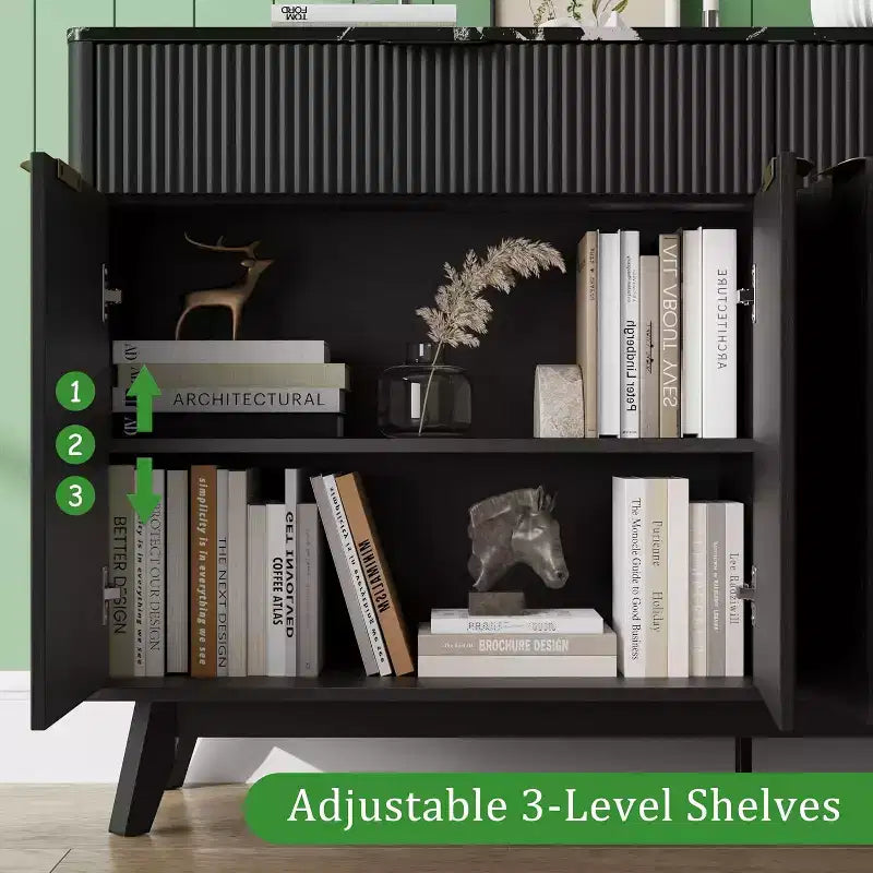 60" Buffet Storage Cabinet with 2 Drawers, 4 Doors & Adjustable Shelves, Black Wave