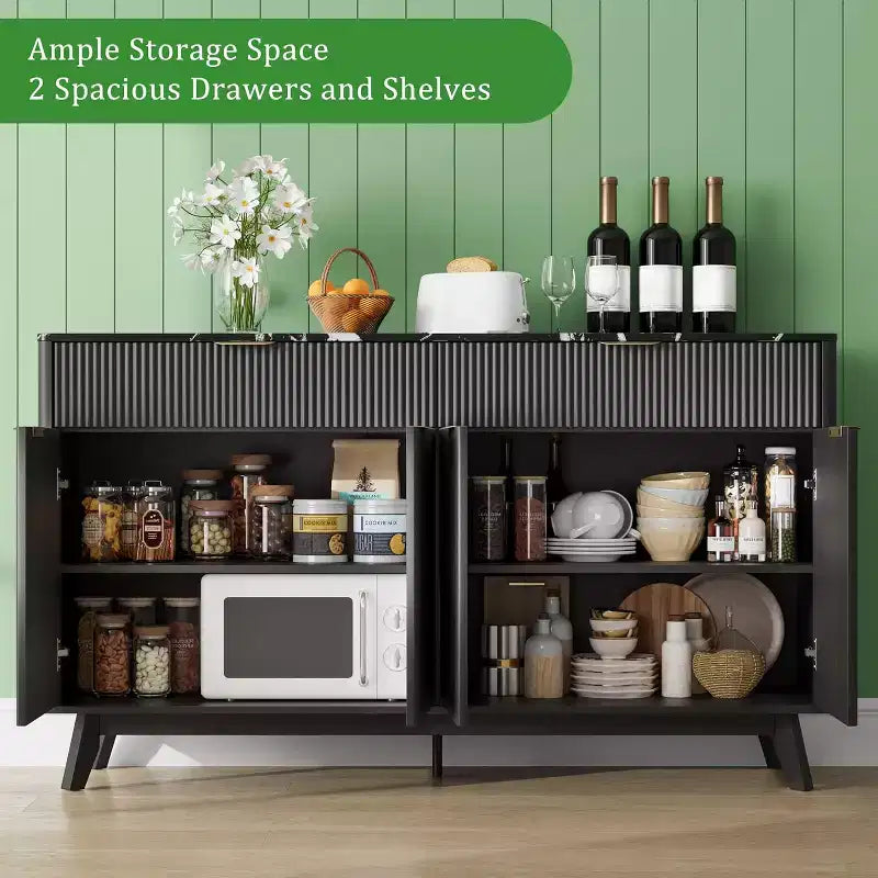 60" Buffet Storage Cabinet with 2 Drawers, 4 Doors & Adjustable Shelves, Black Wave