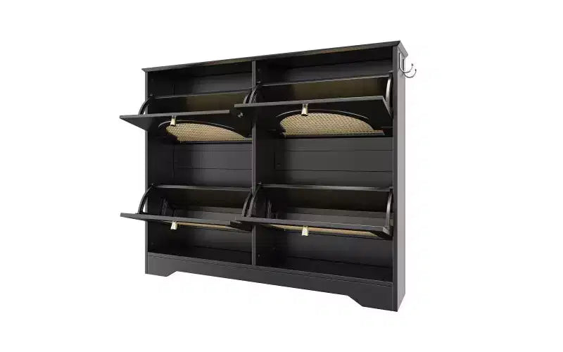 Mid-Century Narrow Shoe Cabinet with 4 Flip Drawers, Rattan Doors & 2 Hooks, Black