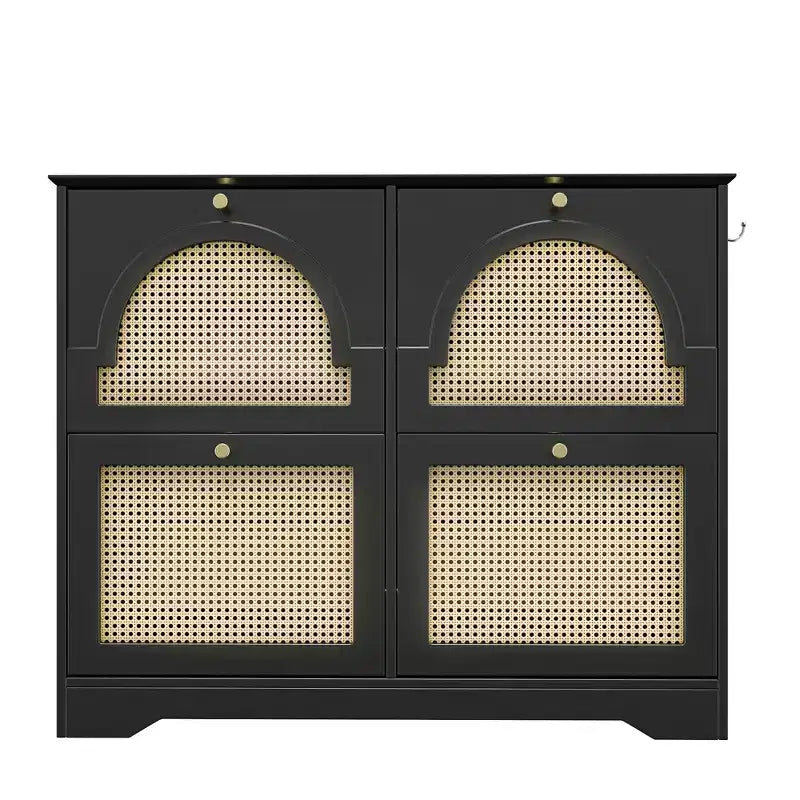 Mid-Century Narrow Shoe Cabinet with 4 Flip Drawers, Rattan Doors & 2 Hooks, Black