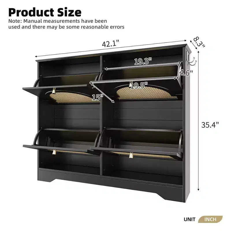 Mid-Century Narrow Shoe Cabinet with 4 Flip Drawers, Rattan Doors & 2 Hooks, Black