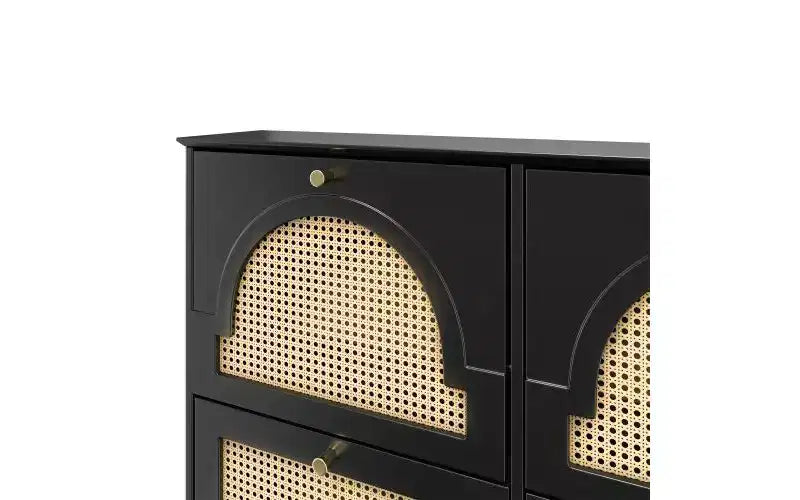 Mid-Century Narrow Shoe Cabinet with 4 Flip Drawers, Rattan Doors & 2 Hooks, Black