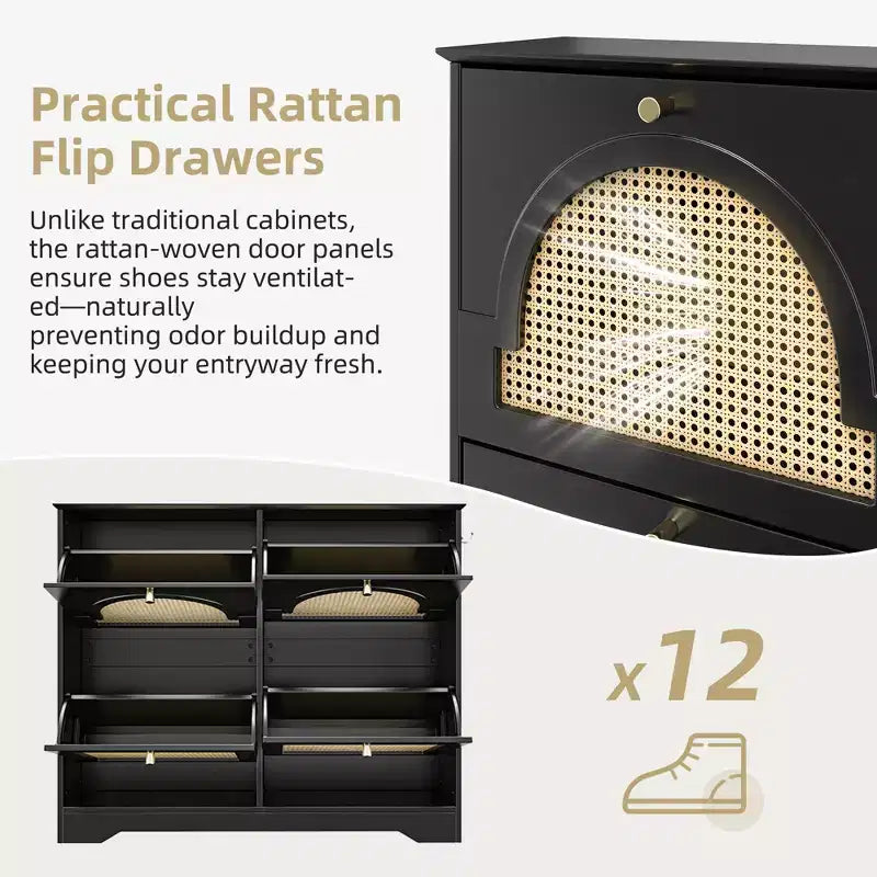 Mid-Century Narrow Shoe Cabinet with 4 Flip Drawers, Rattan Doors & 2 Hooks, Black
