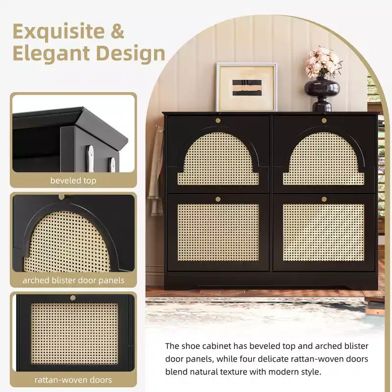 Mid-Century Narrow Shoe Cabinet with 4 Flip Drawers, Rattan Doors & 2 Hooks, Black