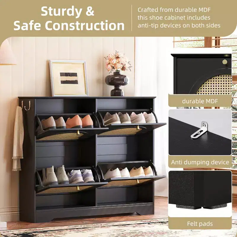 Mid-Century Narrow Shoe Cabinet with 4 Flip Drawers, Rattan Doors & 2 Hooks, Black