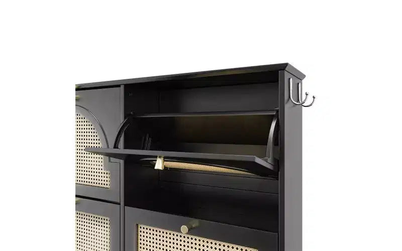 Mid-Century Narrow Shoe Cabinet with 4 Flip Drawers, Rattan Doors & 2 Hooks, Black