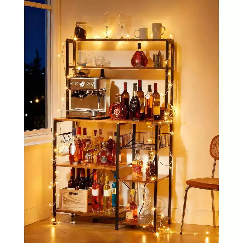 Kitchen Baker's Rack with Power Outlet, 4-Tier Microwave Oven Stand with 6 S-Hooks