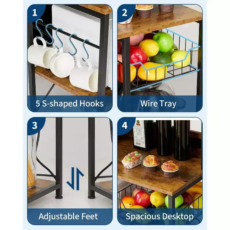 Kitchen Baker's Rack with Power Outlet, 4-Tier Microwave Oven Stand with 6 S-Hooks