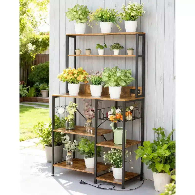 Kitchen Baker's Rack with Power Outlet, 4-Tier Microwave Oven Stand with 6 S-Hooks