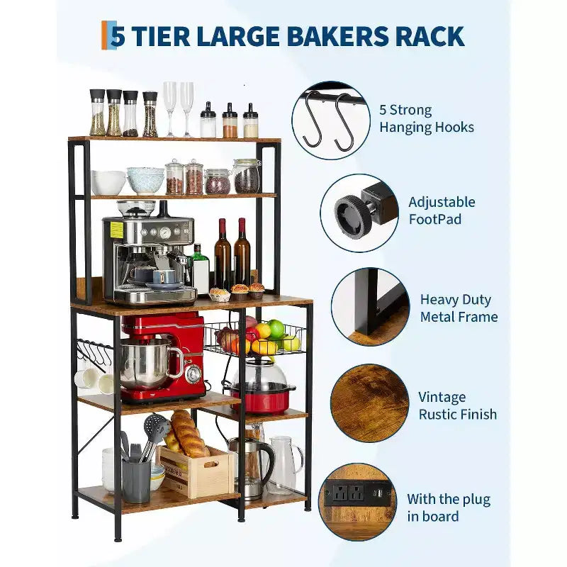 Kitchen Baker's Rack with Power Outlet, 4-Tier Microwave Oven Stand with 6 S-Hooks