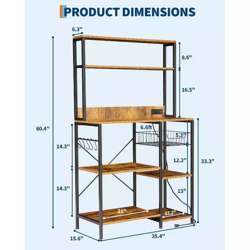 Kitchen Baker's Rack with Power Outlet, 4-Tier Microwave Oven Stand with 6 S-Hooks