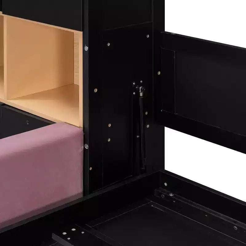 Queen Murphy Bed Frame with Gray Sofa, Storage Shelves & Cabinets
