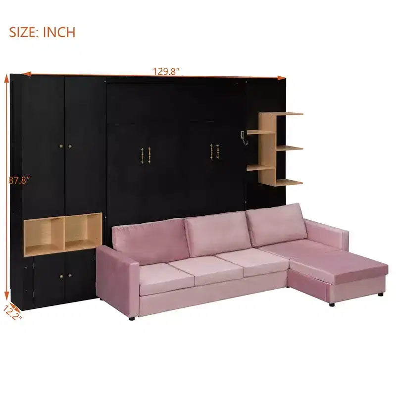 Queen Murphy Bed Frame with Gray Sofa, Storage Shelves & Cabinets