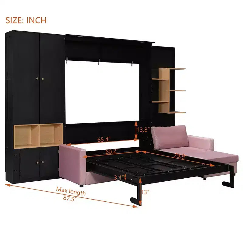 Queen Murphy Bed Frame with Gray Sofa, Storage Shelves & Cabinets