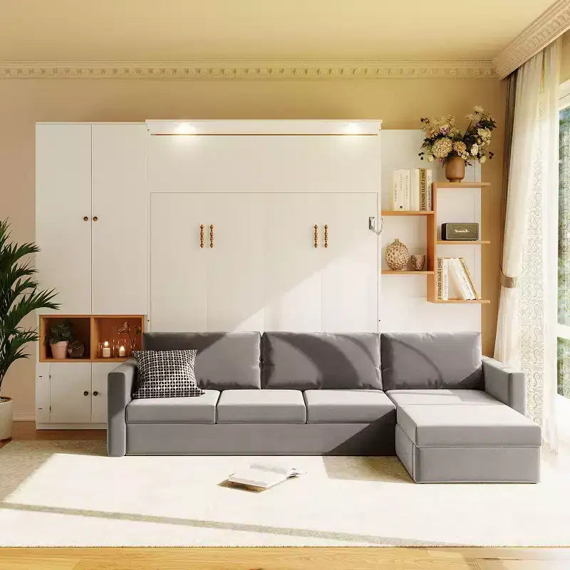 Queen Murphy Bed Frame with Gray Sofa, Storage Shelves & Cabinets