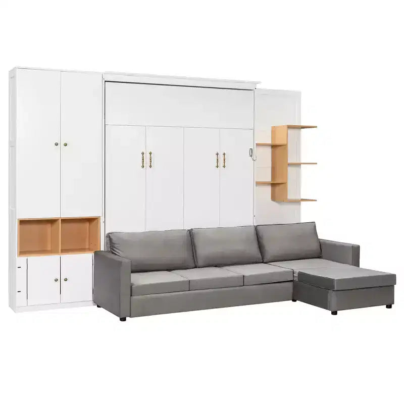Queen Murphy Bed Frame with Gray Sofa, Storage Shelves & Cabinets