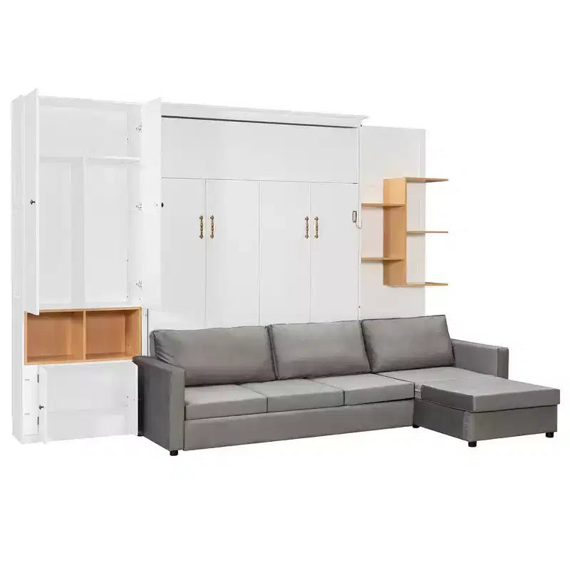 Queen Murphy Bed Frame with Gray Sofa, Storage Shelves & Cabinets