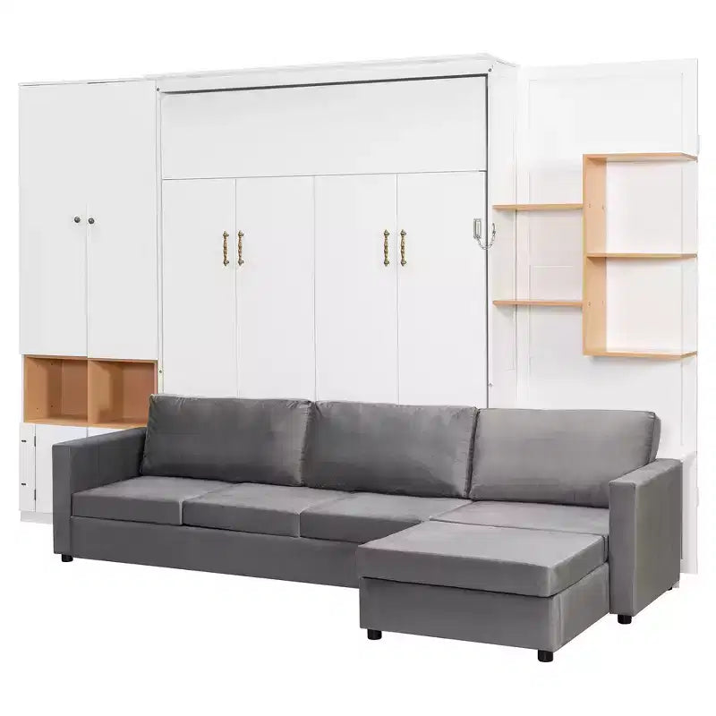 Queen Murphy Bed Frame with Gray Sofa, Storage Shelves & Cabinets