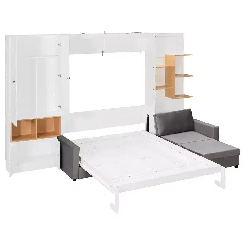 Queen Murphy Bed Frame with Gray Sofa, Storage Shelves & Cabinets