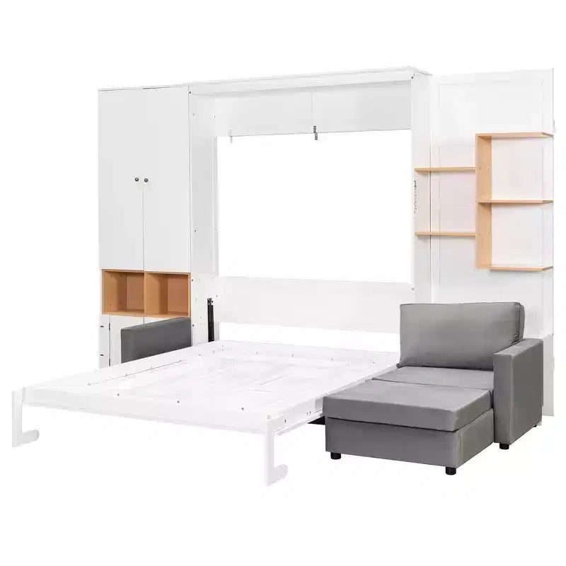 Queen Murphy Bed Frame with Gray Sofa, Storage Shelves & Cabinets