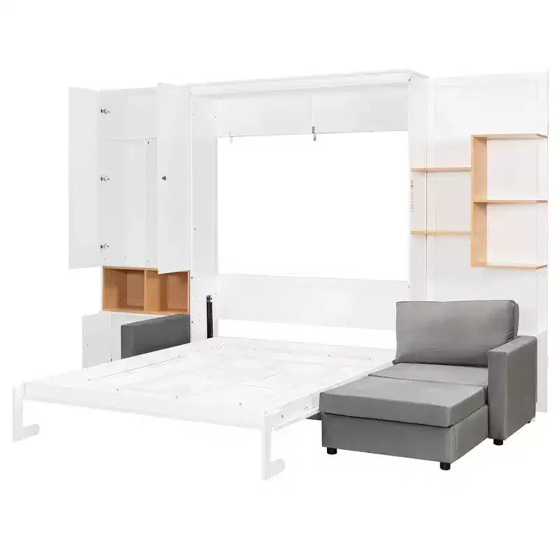 Queen Murphy Bed Frame with Gray Sofa, Storage Shelves & Cabinets