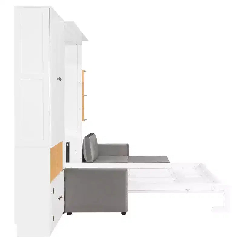 Queen Murphy Bed Frame with Gray Sofa, Storage Shelves & Cabinets