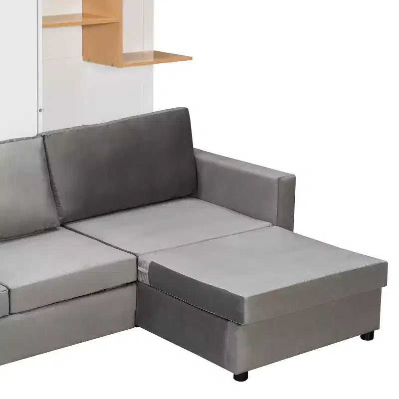 Queen Murphy Bed Frame with Gray Sofa, Storage Shelves & Cabinets