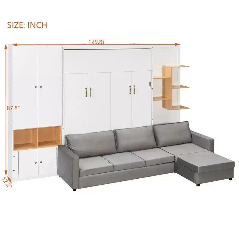 Queen Murphy Bed Frame with Gray Sofa, Storage Shelves & Cabinets