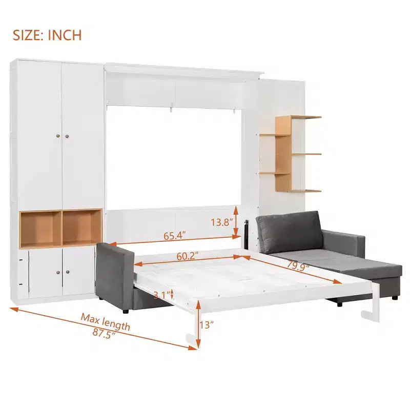 Queen Murphy Bed Frame with Gray Sofa, Storage Shelves & Cabinets
