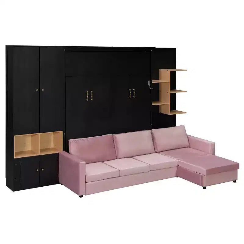 Queen Murphy Bed Frame with Gray Sofa, Storage Shelves & Cabinets