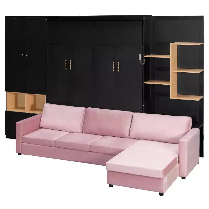Queen Murphy Bed Frame with Gray Sofa, Storage Shelves & Cabinets