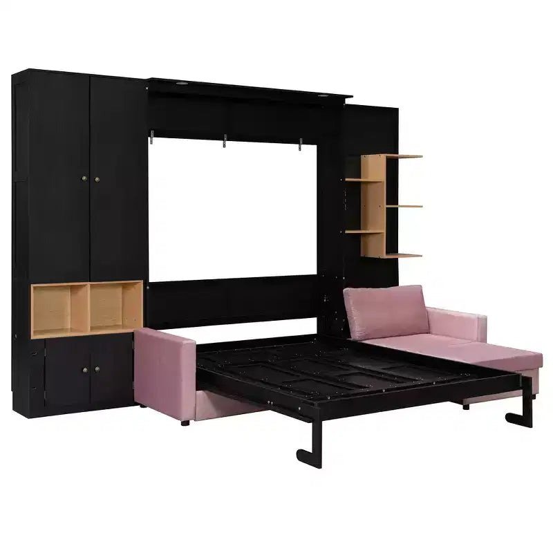 Queen Murphy Bed Frame with Gray Sofa, Storage Shelves & Cabinets