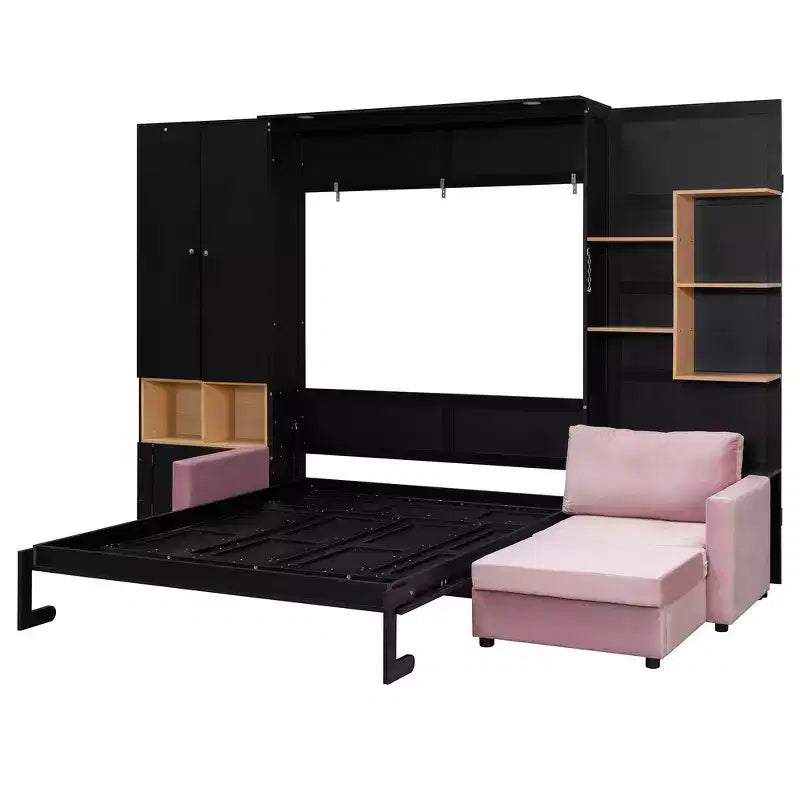 Queen Murphy Bed Frame with Gray Sofa, Storage Shelves & Cabinets