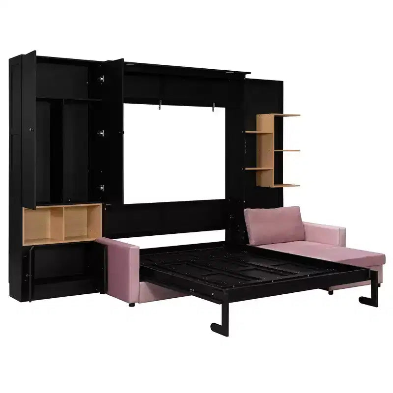 Queen Murphy Bed Frame with Gray Sofa, Storage Shelves & Cabinets
