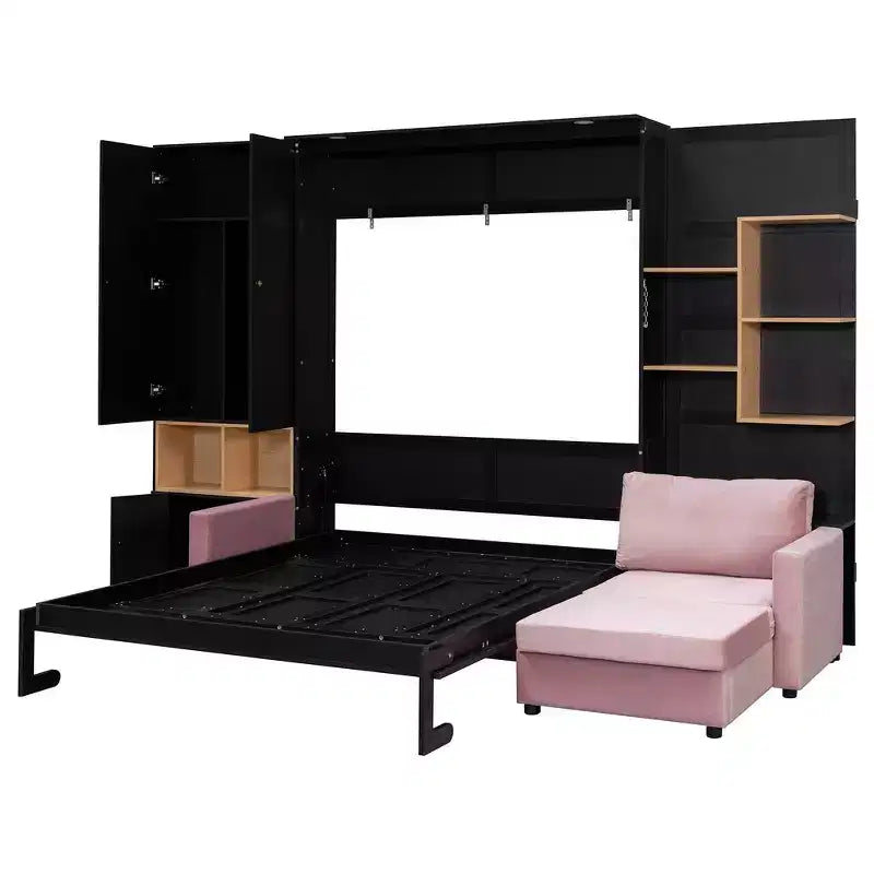 Queen Murphy Bed Frame with Gray Sofa, Storage Shelves & Cabinets
