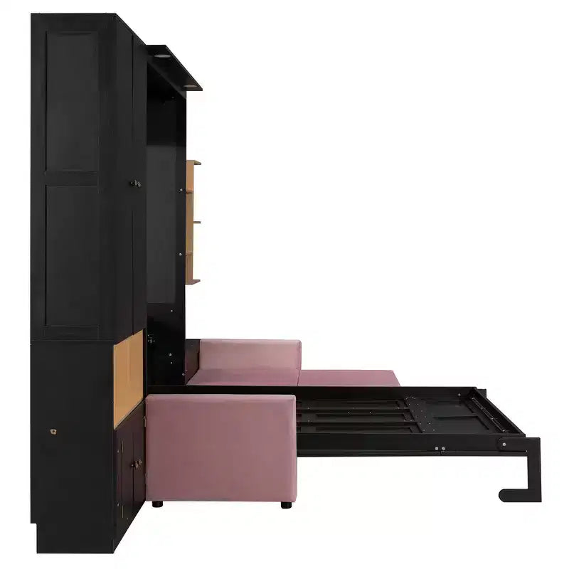 Queen Murphy Bed Frame with Gray Sofa, Storage Shelves & Cabinets