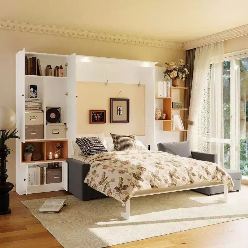 Queen Murphy Bed Frame with Gray Sofa, Storage Shelves & Cabinets