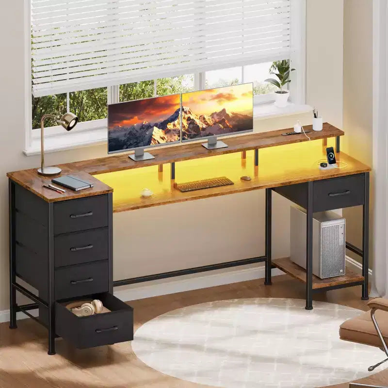 61 Inch Brown Gaming Desk with Charging Station, RGB LED Lights & 5 Reversible Fabric Drawers