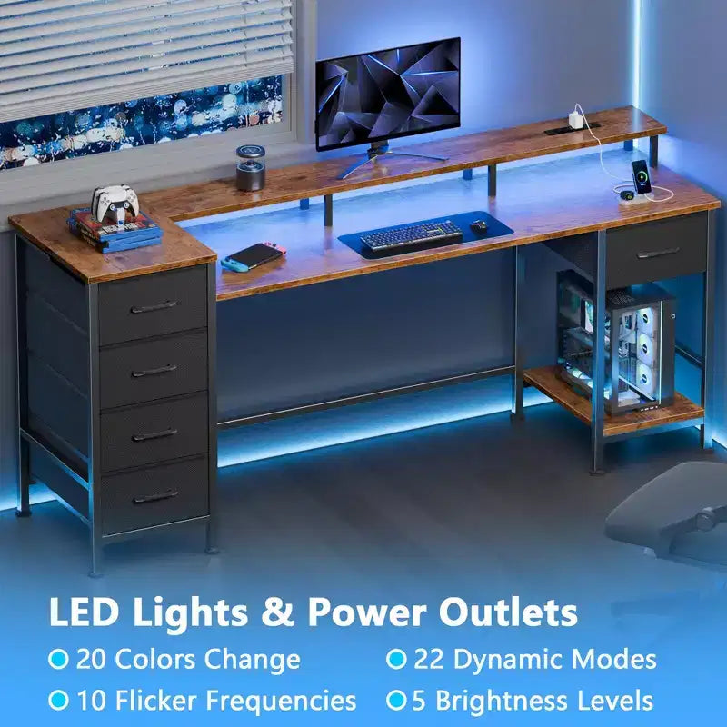 61 Inch Brown Gaming Desk with Charging Station, RGB LED Lights & 5 Reversible Fabric Drawers