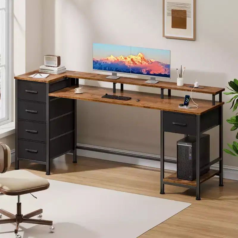 61 Inch Brown Gaming Desk with Charging Station, RGB LED Lights & 5 Reversible Fabric Drawers