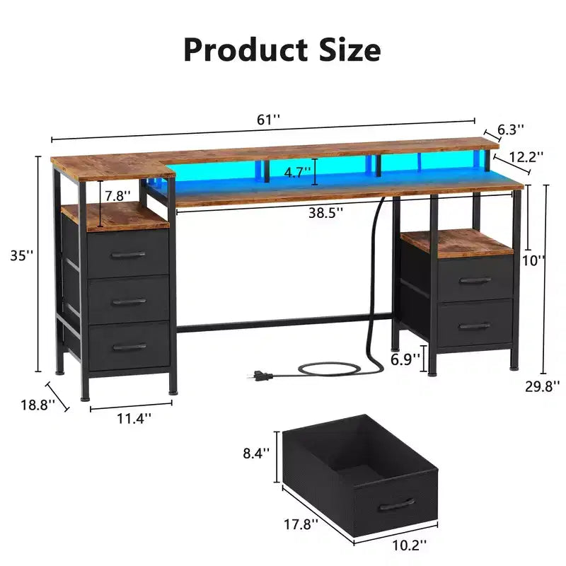 61 Inch Brown Gaming Desk with Charging Station, RGB LED Lights & 5 Reversible Fabric Drawers