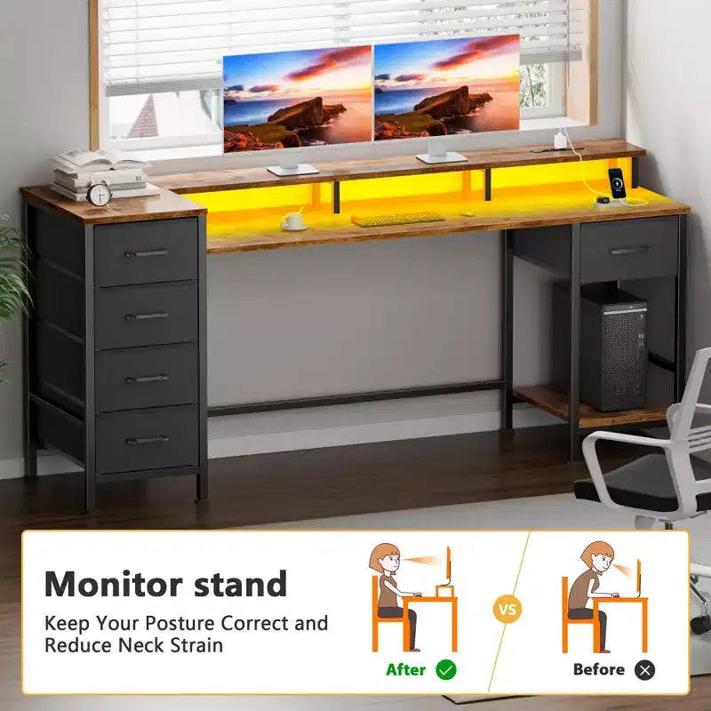 61 Inch Brown Gaming Desk with Charging Station, RGB LED Lights & 5 Reversible Fabric Drawers