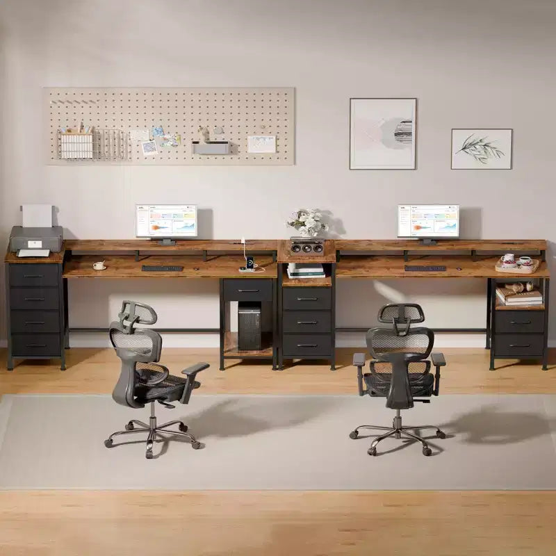 61 Inch Brown Gaming Desk with Charging Station, RGB LED Lights & 5 Reversible Fabric Drawers