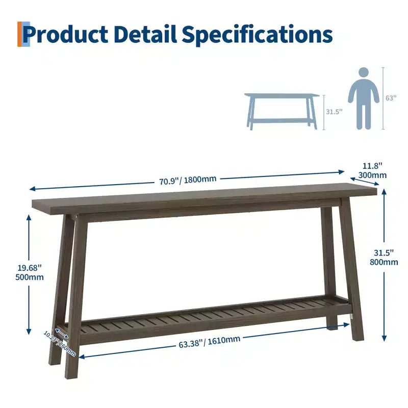 2-Tier Narrow Console Table, 70.9" Long, Industrial Farmhouse Style, Brown